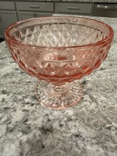Vintage Pink Diamond Point Pattern Pressed Glass Bowl with Beaded Rim — listing 5