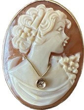 14K Gold Shell Cameo Pin/Pendant, Carved Left-Facing Woman, Ornate Scrolled Frame, listing 6