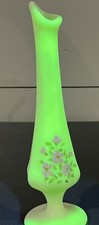 Fenton Custard Satin Glass Ruffled Vase, Hand-Painted Floral, 11 inch — listing 5