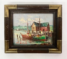 Original Oil Painting Harbor Scene with Sailboats at Sunset, Signed — listing 5