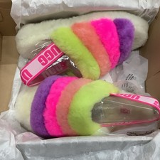 UGG Fluff Yeah Slide Slippers, Black with White Logo Strap, Women's Size 7, listing 4