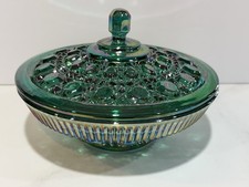 Vintage Teal Carnival Glass Iridescent Basket with Applied Handle — listing 3