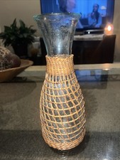 Vintage Wicker-Wrapped Glass Wine Bottle / Decanter with Woven Rattan Cover and Handle — listing 4