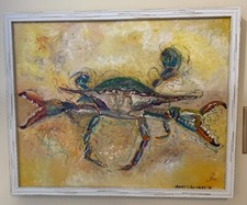 Framed Blue Crab Oil Painting on Canvas, Coastal Wall Art