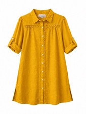 Mustard Yellow Button-Front Midi Shirt Dress with Camp Collar and Gathered Skirt — listing 2