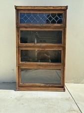 Vintage Oak 3-Stack Barrister Bookcase with Leaded Glass Top Door, 47 in Tall