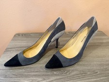 Gray Suede Pointed-Toe Ballet Flats with Cap-Toe Detail and Gold Insole