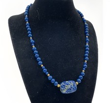 Vintage Carved Turquoise-Blue Beaded Statement Necklace with Black Faceted Glass Spacers — listing 2
