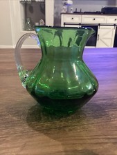 Vintage Emerald Green Glass Cruet with Applied Handle and Faceted Clear Stopper — listing 6