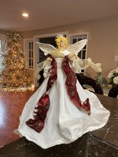 Christmas Angel Tree Topper with Porcelain Face, Real Feather Wings, Red and Gold Brocade Gown, approx 14-16 inches — listing 2