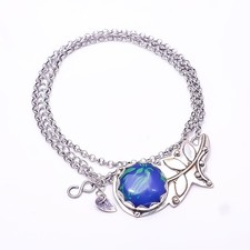 Gold Tone Round Cabochon Pendant Necklace with Blue-Green Azurite-Malachite Style Stone — listing 4