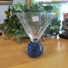 Art Glass Martini Cocktail Glass with Cobalt Blue Controlled-Bubble Ball Stem — listing 2