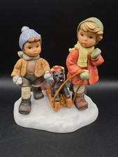 Porcelain Winter Sledding Children Figurine, Blue and White
