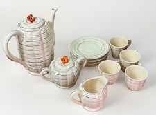 Vintage Japanese Majolica-Style Basketweave Teapot with Embossed Floral Bouquet and Bamboo Handle — listing 6