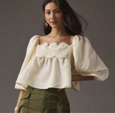 puff sleeve blouse Cream Cotton Puff Sleeve Babydoll Blouse with Lace Trim — listing 6