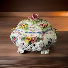 White Porcelain Covered Candy Dish with Gold Trim and Peaked Lid