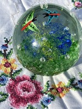 Hand-Blown Art Glass Paperweight with Green Flower, Blue Speckled Base, and Controlled Bubble — listing 2