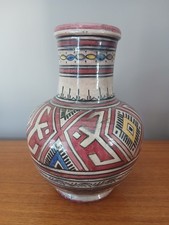 Moroccan Safi Hand-Painted Glazed Pottery Vase, Green Polychrome Geometric Design