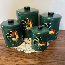 Vintage Ransburg Turquoise Metal Canister Set with Gold Rooster Motif (4 Pieces) — listing 4