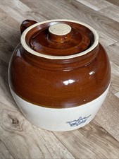 Robinson Ransbottom Roseville Ohio Stoneware Bean Pot (No Lid), Blue Stripe Cream Glaze — listing 2