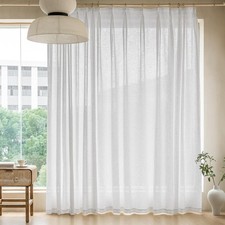 Pinch Pleat Sheer Linen-Look Curtain Panels on Rod, Neutral Cream/Ivory