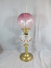 Victorian Cranberry Glass Twin-Burner Oil Lamp with Etched Tulip Shade on Brass Corinthian Column — listing 4