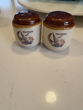 Vintage Michigan Souvenir Miniature Teapot Salt & Pepper Shakers with Tray, Silver-Tone — listing 2