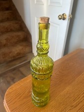 Vintage Emerald Green Diamond-Point Glass Liquor Decanter with Leather Neck Collar — listing 4
