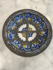 Vintage Moroccan Fez Hand-Painted Blue and Beige Ceramic Vase, 9 Inch, Signed — listing 6