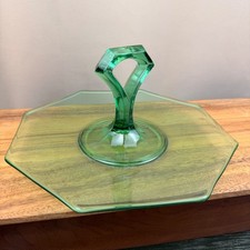 Depression Era Uranium Green Glass Center Handled Dish, 6 inch