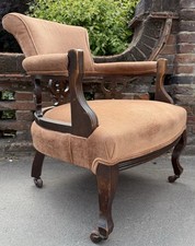 Antique Edwardian Carved Mahogany Upholstered Tub Armchair in Green Velvet — listing 3