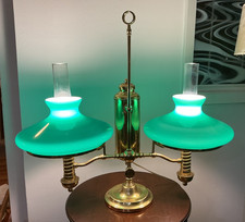 Antique Double Student Oil Lamp with Milk Glass Shade, Brass Font