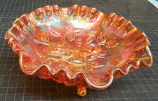 Marigold Carnival Glass Three-Footed Rose Bowl with Daisy/Cabbage Rose Pattern — listing 4