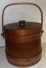 Antique Primitive Wooden Firkin Sugar Bucket with Lid and Bentwood Handle, 12" Round x 12" Deep — listing 4