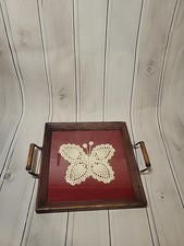 Framed Handmade Crochet Lace Butterfly Doily, Oval Blue Mat in Gold Wood Frame — listing 5