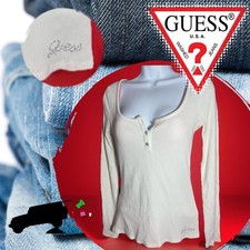 Guess Women's Black Ribbed Henley Top with Snap Button Placket and Tonal Logo — listing 6