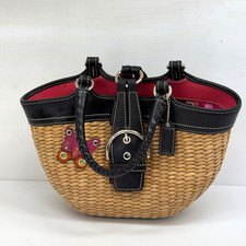 Coach Straw & Coral Leather Butterfly Applique Handbag — listing 2