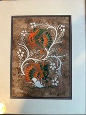 Vintage Mexican Amate Bark Paper Folk Art Painting - Bird, Deer & Florals in Carved Silvered Frame