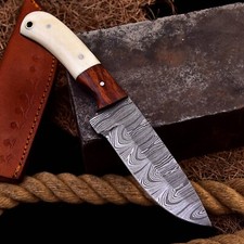 Handmade Damascus Steel Fixed Blade Knife with Zebrawood Handle and Leather Sheath — listing 4