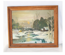Original Signed Oil Painting, Winter Woodland Stream Landscape in Gilt Frame — listing 2