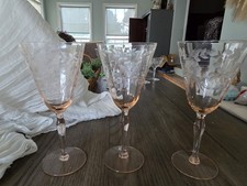 Vintage Pink Depression Glass Wine Goblet with Wheel-Cut Floral Etching — listing 4