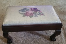 Vintage Queen Anne Style Footstool with Cabriole Legs and Floral Tapestry Upholstery