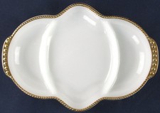 Vintage Anchor Hocking Fire King White Milk Glass 3-Section Divided Relish Dish with Gold Beaded Trim (Pair)