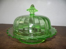 Green Uranium Depression Glass Creamer and Open Sugar Set, Georgian/Cameo-Style Pattern — listing 3