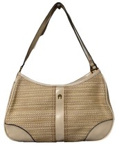 Etienne Aigner Vintage Tan Raffia & Brown Croc-Embossed Leather Shoulder Handbag — listing 2