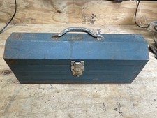 Vintage Union Model No. 3119 Green Steel Toolbox with Metal Piano-Hinge Lid and Copper-Tone Handle