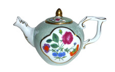 Miniature Porcelain Teapot with Iridescent Glaze and Applied Pink Roses