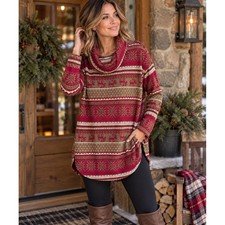 Cowl Neck Christmas Reindeer Fair Isle Pocketed Sweatshirt, Grey and Red — listing 4