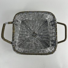 Vintage Gold-Painted Woven Bamboo Basket with Scrolled Wire Handle — listing 5