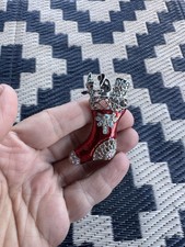 Holiday Season's Greetings Hand-Painted Christmas Stocking Brooch Pin, 18kt Gold Layered — listing 3